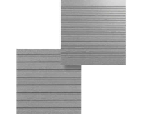 Graue Wandverkleidung mit horizontalen Rillen.