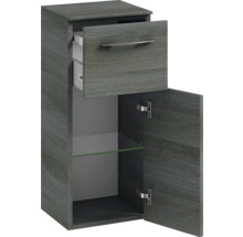 Armoire haute avec tiroir, porte ouverte et étagère en verre pour la salle de bains