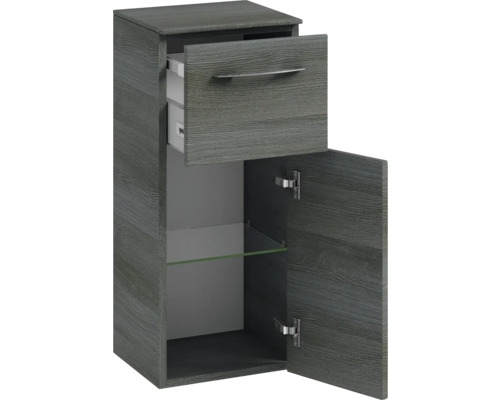 Armoire haute avec tiroir, porte ouverte et étagère en verre pour la salle de bains