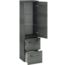 Armoire haute avec deux tiroirs, une porte et deux étagères en verre pour salle de bain