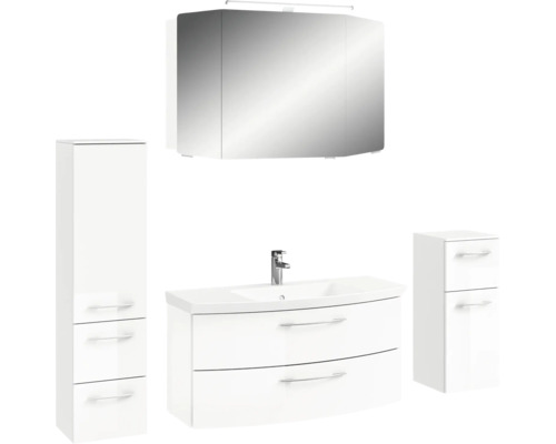 Ensemble de salle de bains avec meuble sous-lavabo, armoire de toilette et deux armoires hautes