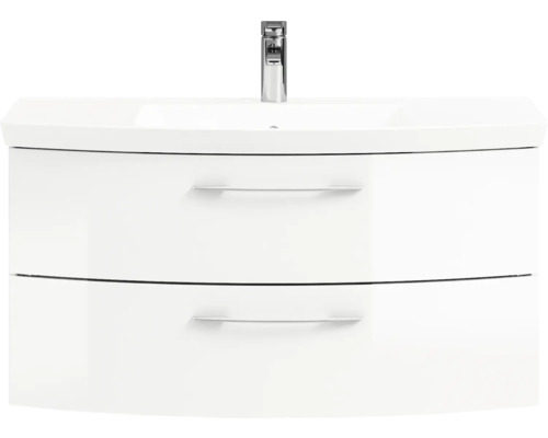 Meuble sous-vasque blanc avec deux tiroirs et robinet