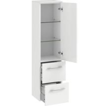 Armoire haute blanche avec deux tiroirs et une porte avec étagères en verre