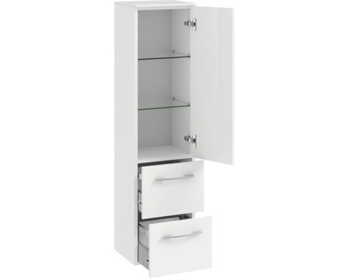 Armoire haute blanche avec deux tiroirs et une porte avec étagères en verre