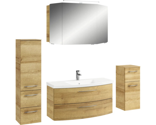 Ensemble de salle de bains avec meuble sous-lavabo, armoire de toilette et deux armoires hautes