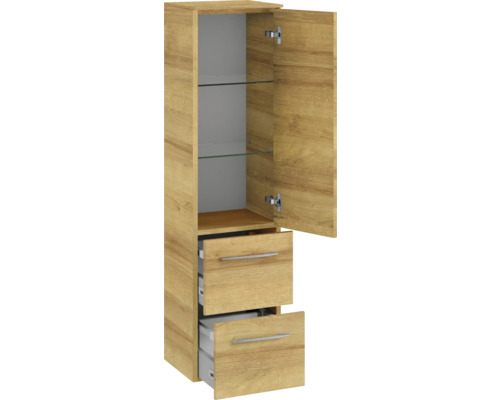 Armoire haute avec deux tiroirs et porte avec étagères en verre pour la salle de bain