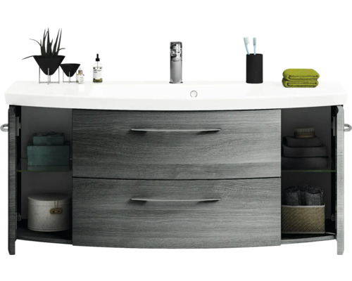 Meuble sous-vasque avec lavabo, deux tiroirs et espace de rangement derrière les portes