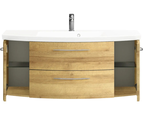 Meuble sous-lavabo avec lavabo, deux tiroirs et deux portes ouvertes avec étagères en verre