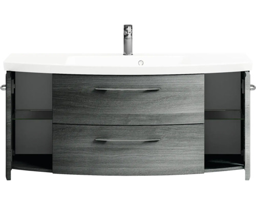 Waschtischunterschrank mit zwei Schubladen, zwei Türen, Glasregalen und Aufsatzwaschbecken