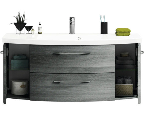 Waschtischunterschrank mit zwei Schubladen und offenem Stauraum im Badezimmer