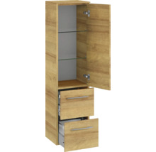 Armoire haute avec porte, deux tiroirs et étagères en verre pour salle de bains