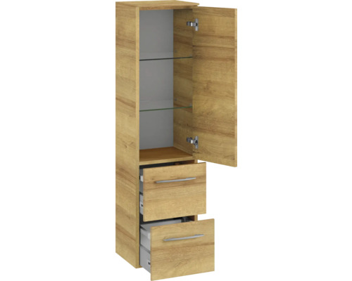 Armoire haute avec porte, deux tiroirs et étagères en verre pour salle de bains