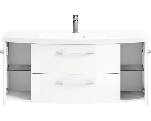Meuble sous-lavabo avec deux tiroirs et des étagères ouvertes
