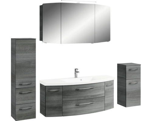Komplette Badezimmereinrichtung mit Waschtischunterschrank, Waschbecken, Spiegelschrank, Hochschrank und Seitenschrank