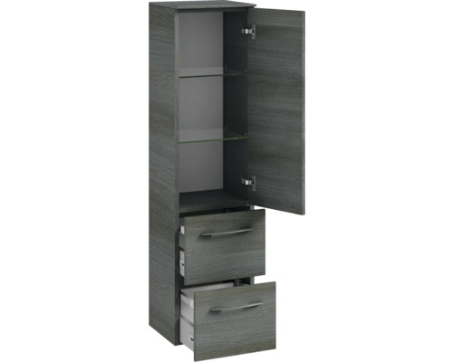 Hochschrank mit zwei Schubladen und einer Tür mit Glasböden für das Badezimmer