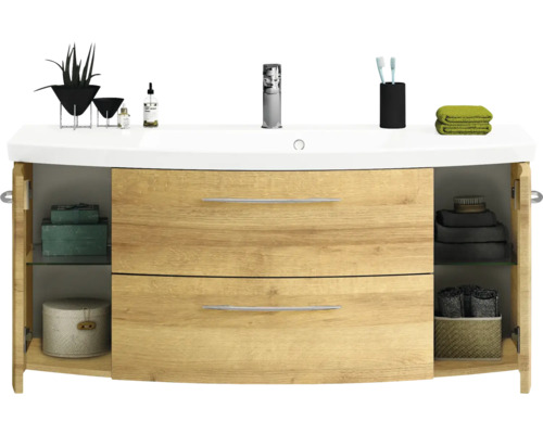 Meuble sous-lavabo avec deux tiroirs et compartiments ouverts