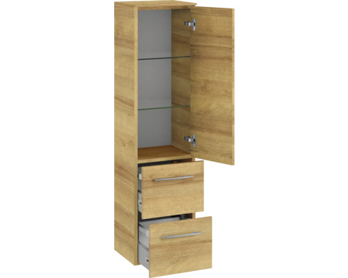 Armoire haute avec deux tiroirs et une porte avec étagères en verre pour la salle de bains