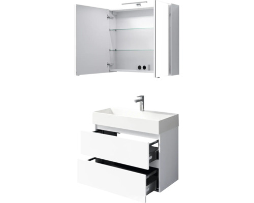 Badezimmermöbel-Set mit Waschbeckenunterschrank, zwei Schubladen und Spiegelschrank mit Glasablagen