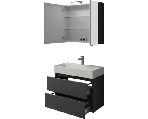 Waschbeckenunterschrank mit zwei Schubladen und Spiegelschrank mit geöffneter Tür für Badezimmer