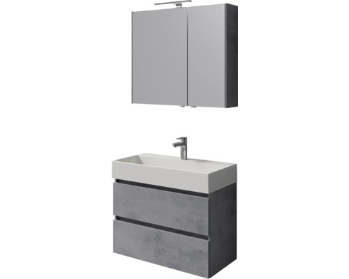 Waschtisch mit zwei Schubladen, Aufsatzwaschbecken und Spiegelschrank mit Beleuchtung