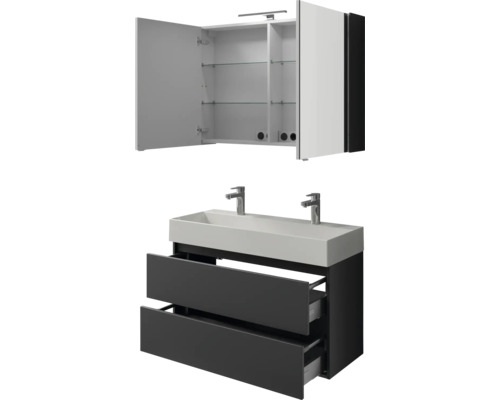 Waschtisch mit zwei Becken und Spiegelschrank zur Badezimmerausstattung