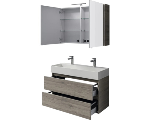 Badezimmermöbel Set mit Spiegelschrank, Waschtisch und zwei Waschbecken