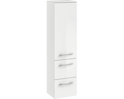 Armoire haute de salle de bain blanche avec trois tiroirs et poignées