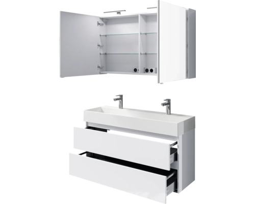 Weisser Waschtischunterschrank mit zwei Schubladen und Spiegelschrank mit offenen Türen und Glasböden