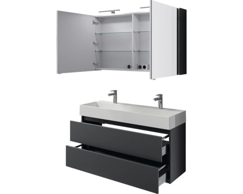 Waschtisch mit zwei Schubladen und Spiegelschrank mit offenen Türen und Glasablagen für das Badezimmer