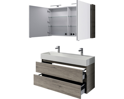 Ensemble de meubles de salle de bains avec lavabo, meuble bas avec tiroirs et armoire de toilette