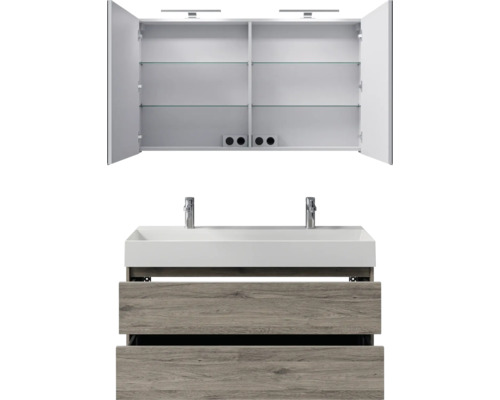 Meuble-lavabo avec lavabo, meuble bas avec tiroirs et armoire de toilette avec étagères