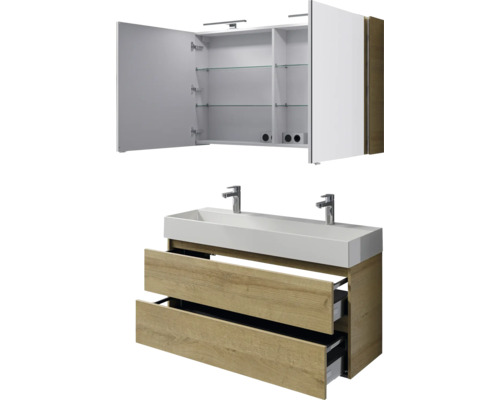 Badezimmermöbel-Set mit Spiegelschrank, Waschbecken und Unterschrank mit Schubladen