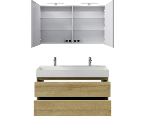 Waschtischkombination mit Spiegelschrank, Waschbecken und Unterschrank