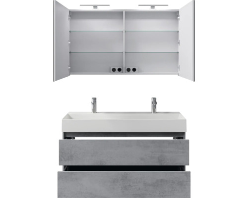 Meuble-lavabo avec armoire de toilette, deux tiroirs et lavabo intégré
