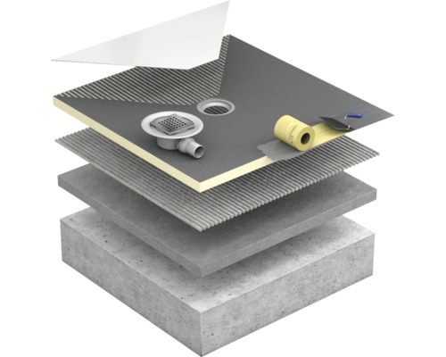 Illustration d''un receveur de douche multicouche avec siphon de douche