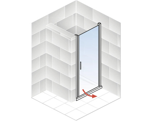 Cabine de douche pivotante avec flèche rouge indiquant le mouvement de rotation