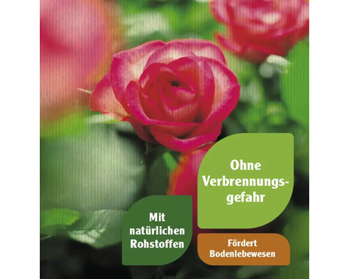 Rose mit dem Symbol ohne Verbrennungsgefahr, mit natürlichen Rohstoffen und fördert Bodenlebewesen.