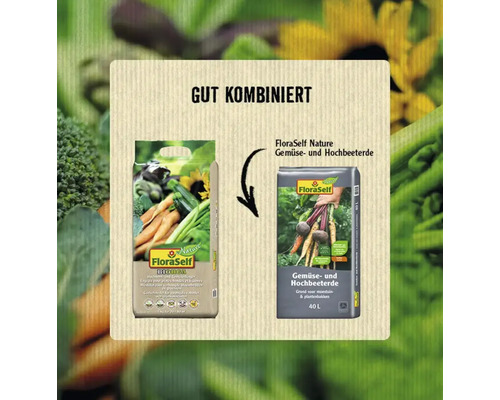 Empfohlene Kombination: FloraSelf Bio-Erde und FloraSelf Gemüse- und Hochbeeterde.