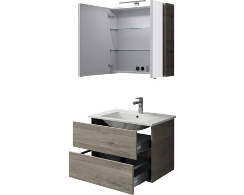 Waschtischunterschrank mit zwei Schubladen und Spiegelschrank mit zwei Glasböden für das Badezimmer