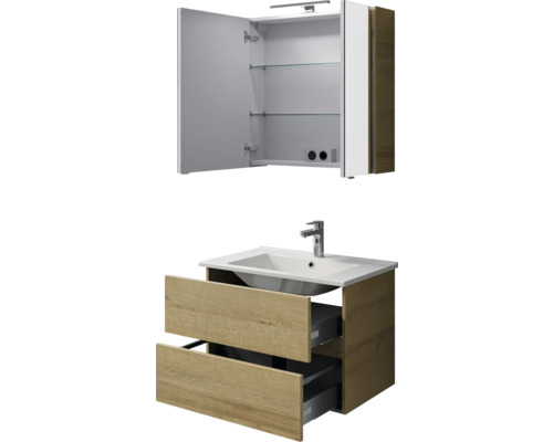 Meuble sous-lavabo avec deux tiroirs et armoire de toilette avec deux portes ouvertes pour salle de bain