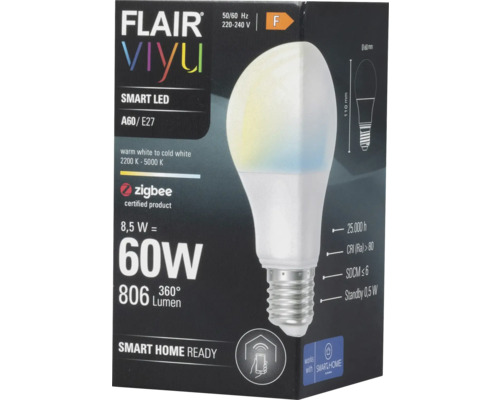 Lampe LED en forme de poire à intensité lumineuse variable Flair ViYu A60 E27 / 8,5 W ( 75 w ) mat 806 lm 2200 5000 K blanc réglable