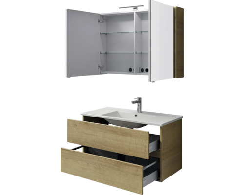 Badezimmermöbelset mit Waschbecken, Unterschrank mit Schubladen und Spiegelschrank