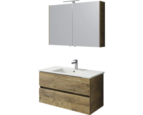 Waschtisch mit zwei Schubladen, Waschbecken und Spiegelschrank mit Beleuchtung