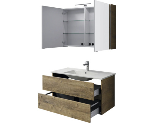 Waschtischkombination mit Spiegelschrank, Waschbecken, Armatur und zwei Schubladen