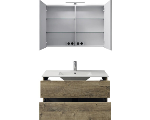 Waschbeckenunterschrank mit Waschbecken und Spiegelschrank mit Regalböden