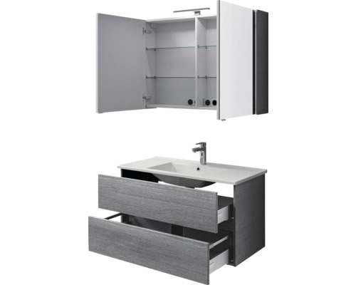 Waschtischunterschrank mit zwei Schubladen, Aufsatzwaschbecken und Spiegelschrank mit geöffneten Türen und Glasablagen