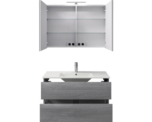 Waschtisch mit Waschbecken, Armatur und Spiegelschrank