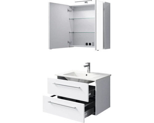 Badezimmermöbel-Set mit Waschbeckenunterschrank, zwei Schubladen, Waschbecken und Spiegelschrank mit zwei Glasböden