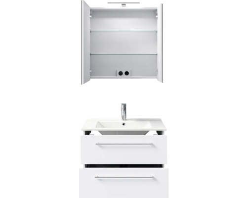 Weißer Waschtisch mit Spiegelschrank, Waschbecken und zwei Schubladen
