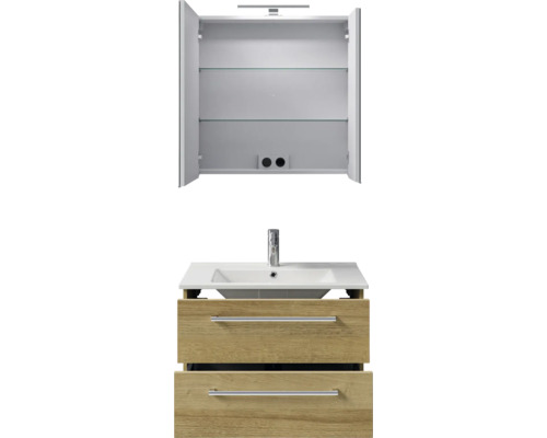 Waschbeckenunterschrank mit Waschbecken und Spiegelschrank mit offenen Türen und Regalen